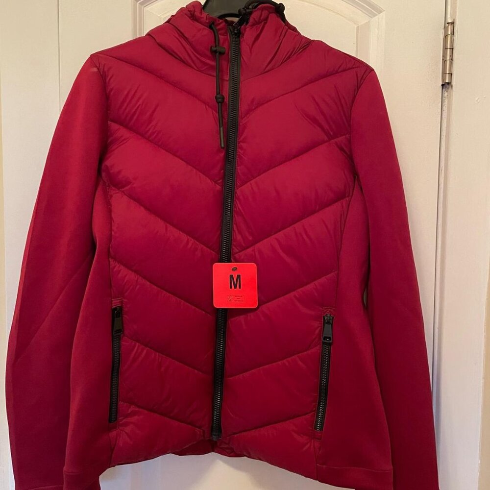 New with Tags! Women's DKNY Mixed Media Hooded Puffer Jacket - M, Maroon Red